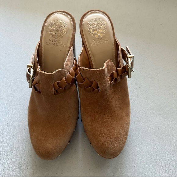 Vince Camuto Crashell Wooden heel Buckle Clog Brown Suede Women's Clogs - Picture 3 of 10